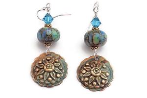 Blue Copper Bronze Flower Earrings, Handmade Lampwork Jewelry
