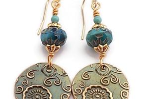 Handmade Patina Copper Bronze Earrings with Czech and Swarovski Crystals 
