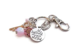 Inspirational Keychain, She Believed She Could So She Did Pink Flowers Handmade Gift