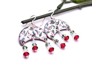 Holly Berry Chandelier Earrings with Swarovski Crystals Handmade Holiday Jewelry 