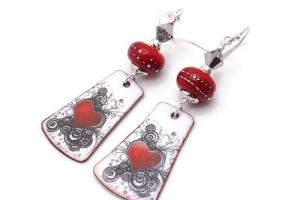 Red Heart on White Enamel Earrings, Handmade Valentine Jewelry
