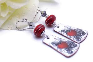 Red Heart on White Enamel Earrings, Handmade Valentine Jewelry