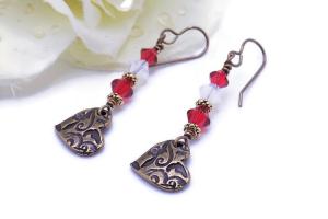 Red, White Tierra-Cast Heart Earrings, Handmade Bohemian Valentines Jewelry