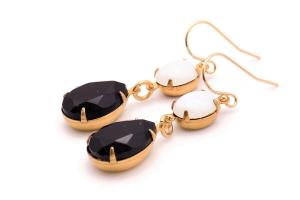 Black and White Teardrop Earrings, Vintage Crystal Handmade Jewelry