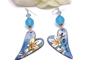 Blue Heart Enamel Earrings, Flowers Love Crystals Handmade Valentines Gift