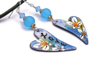 Blue Heart Enamel Earrings, Flowers Love Crystals Handmade Valentines Gift