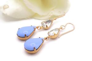 Light Blue Earrings, Vintage Crystal Teardrops Handmade Jewelry