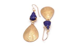 Pansy Brass Drop Earrings with Navy Blue Glass Stones, Victorian Style Jewelry