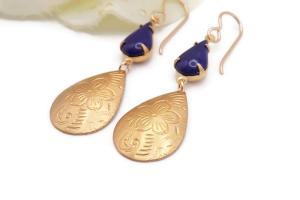 Pansy Brass Drop Earrings with Navy Blue Glass Stones, Victorian Style Jewelry
