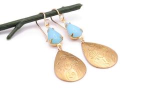 Pansy Brass Teardrop Earrings with Calcedon Glass Stones, Handmade Jewelry