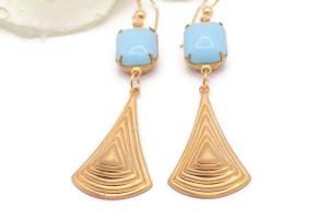 Art Deco Brass Pyramid Earrings with Calcedon Glass Stone, Dimensional Layered Triangle Dangles
