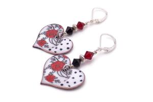 White Hearts with Red Roses Enamel Earrings, Woman Jewelry Gift