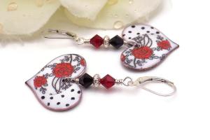 White Hearts with Red Roses Enamel Earrings, Woman Jewelry Gift