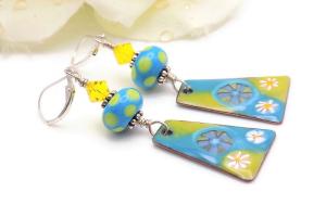  Daisy Flower Enamel Earrings, Turquoise Yellow Handmade Jewelry