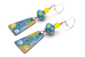  Daisy Flower Enamel Earrings, Turquoise Yellow Handmade Jewelry