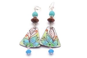 Artisan Turquoise Brown Enamel Earrings with Crystals and Wood, Handmade Jewelry Gift