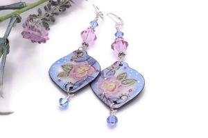 Artisan Pink Floral Blue Enamel Earrings with Crystals, Handmade Gift for Mom