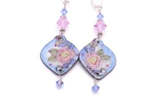 Artisan Pink Floral Earrings, Crystals Blue Enamel Romantic Handmade Jewelry