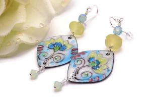 Artisan Lime Green Flower Earrings, Blue Green Enamel Handmade Jewelry