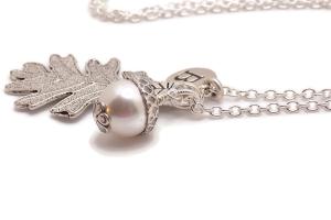 White Pearl Acorn and Oak Leaf Necklace  Initial Jewelry Nature-Inspired