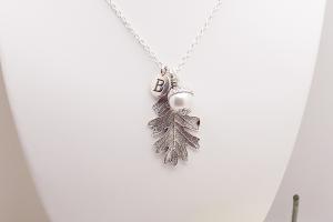 White Pearl Acorn and Oak Leaf Necklace  Initial Jewelry Nature-Inspired