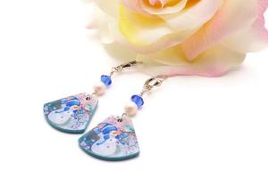 Snowman Earrings, Swarovski Pearls Blue Crystals Handmade Christmas Jewelry 