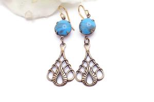  Turquoise Vintage Stone Earrings, Art Nouveau Brass Filigree Teardrops Handmade Jewelry