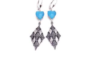  Vintage Aqua Heart Earrings, Geometric Art Deco Handmade Jewelry 