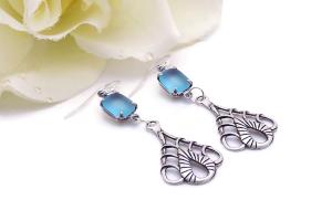  Aqua Blue Vintage Rhinestone Earrings, Art Nouveau Filigree Teardrops Handmade Jewelry