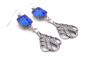 Sapphire Blue Earrings, Vintage Art Nouveau Teardrops Handmade Jewelry