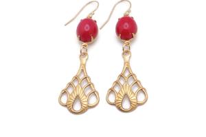 Cherry Red Earrings, Vintage Art Nouveau Teardrops Handmade Feminine Jewelry