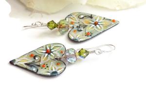 Green Heart Earrings Crystal Flowers Valentines Handmade Jewelry Gift