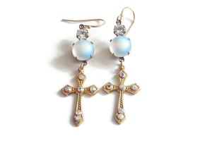 Rhinestone Cross Earrings, Religious Victorian Style Handmade Jewelry