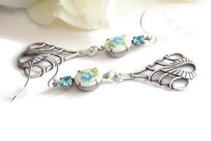 Blue Rose Earrings, Art Nouveau Teardrops Handmade Jewelry