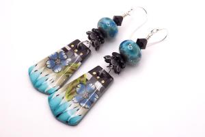 Blue Floral Earrings, Delightful Polymer Clay Handmade Lampwork Jewelry  