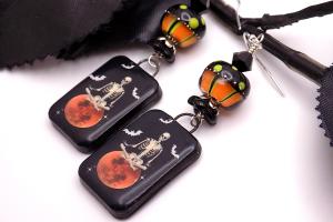 Spooky Skeleton Earrings, Halloween Bats Harvest Moon Lampwork Glass Handmade Jewelry 