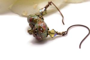 Khaki Lampwork Earrings, Lightweight Swarovski Crystals Handmade Jewelry