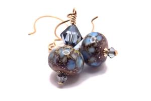 Blue Lampwork Earrings, Gold-Filled Swarovski Crystals Handmade Jewelry