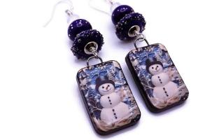 Christmas Snowman Earrings, Lampwork Swarovski Crystal Handmade Jewelry 
