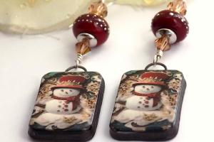 Vintage-Look Snowman Earrings, Lampwork Glass Swarovski Handmade Christmas Jewelry