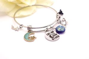 I Love You to the Moon and Back Charm Bracelet, Stainless Steel Bangle Handmade Jewelry