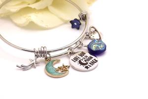 I Love You to the Moon and Back Charm Bracelet, Stainless Steel Bangle Handmade Jewelry