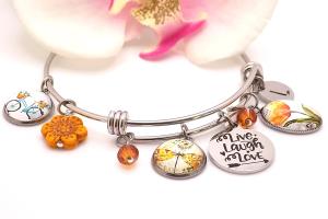 Live Laugh Love Charm Bracelet, Inspirational Stainless Steel Flowers Handmade Jewelry Gift