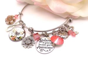 Believe in You Charm Bangle Bracelet, Inspirational Stainless Steel Handmade Jewelry 