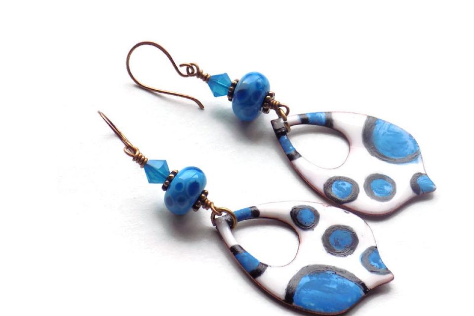 Blue Enamel Boho Dangle Earrings, Handmade Artisan Jewelry