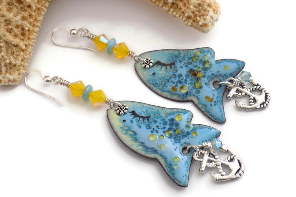 Blue Fish Enamel Earrings,  Artisan Handmade Jewelry