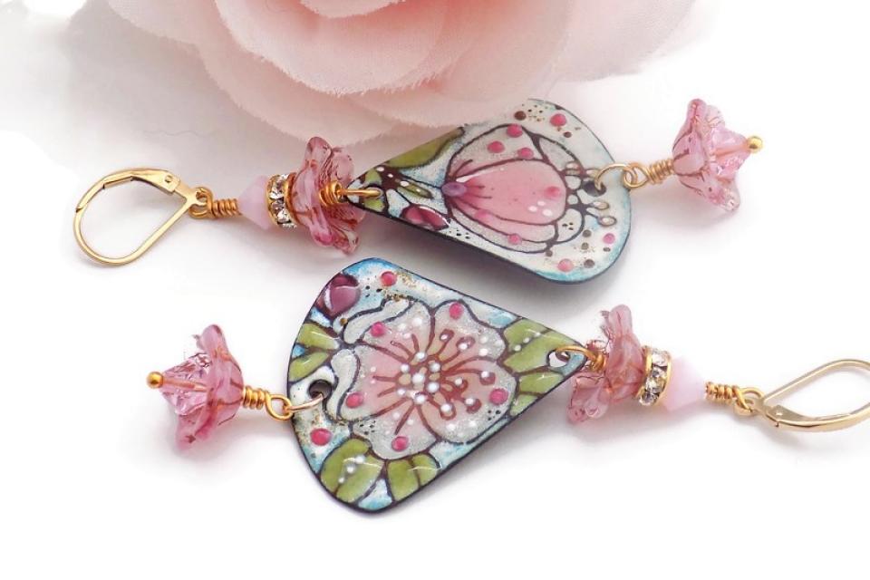 Handmade Pink Floral Enamel Earrings, Boho Jewelry 