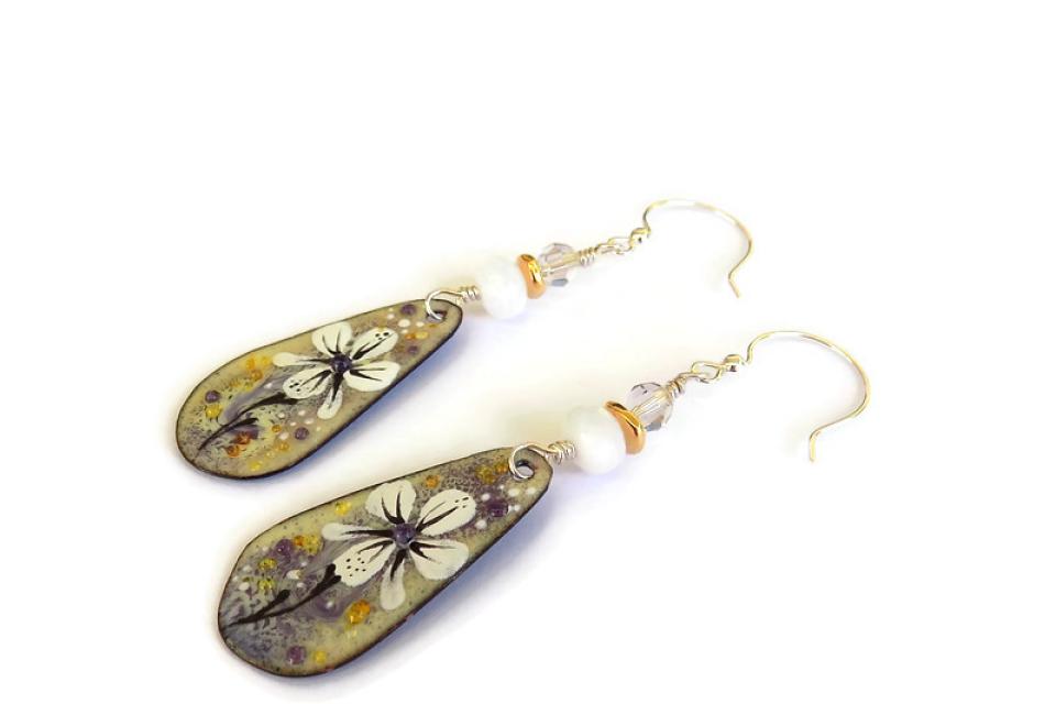 White Flower Enamel Earrings, Gold Purple Handmade Dangle Jewelry