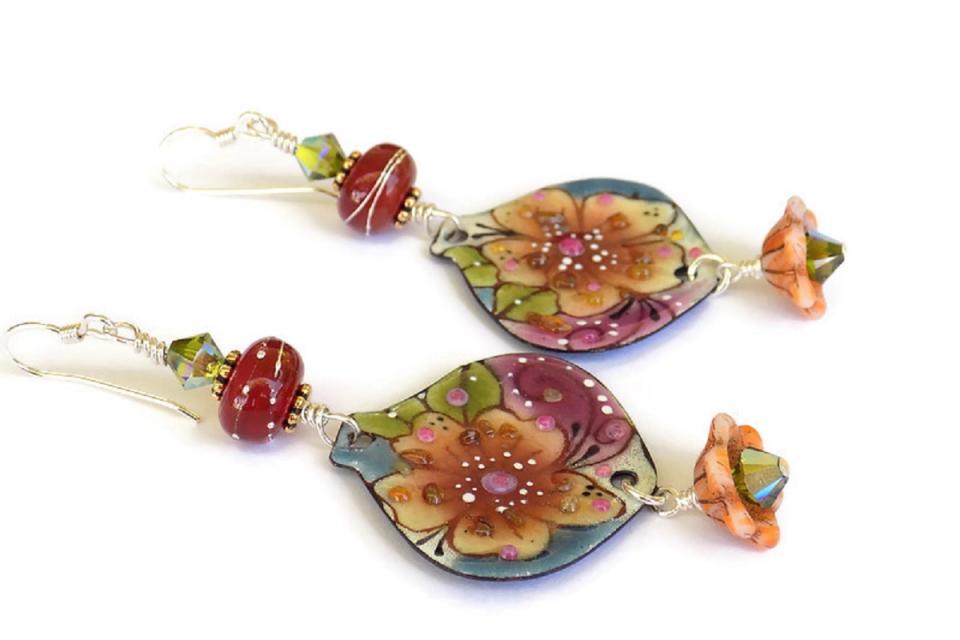 Artisan Floral Earrings, Raspberry Lampwork Handmade Jewelry