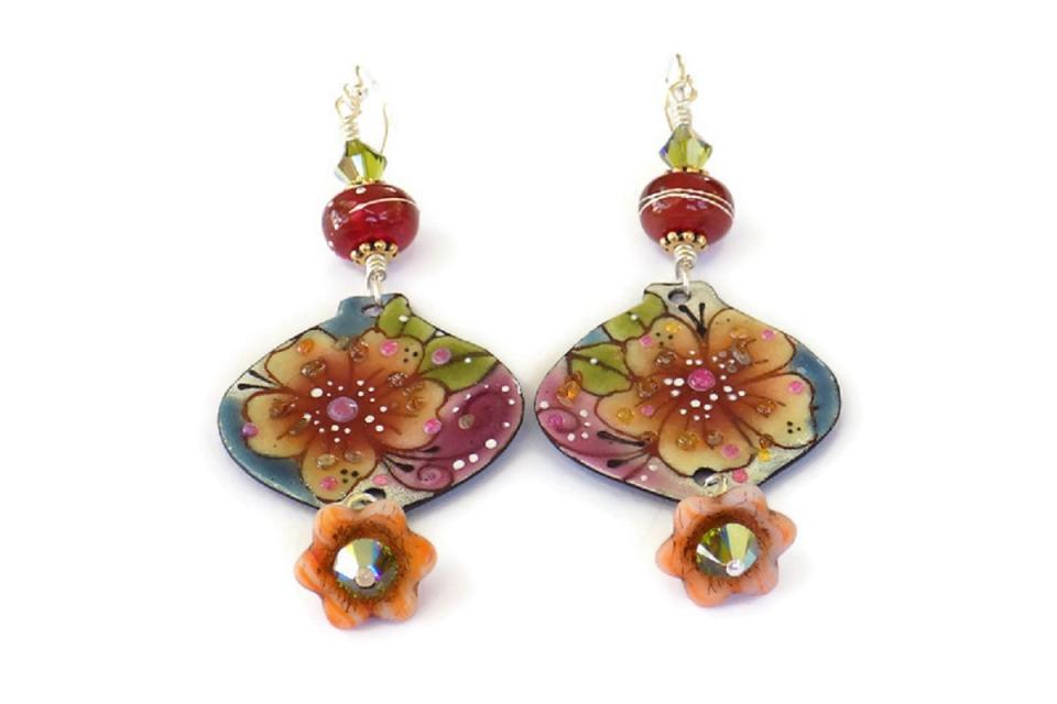 Artisan Floral Earrings, Raspberry Lampwork Handmade Jewelry